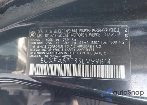 2003 BMW X5 3.0I z USA, uszkodzony, nr VIN 5UXFA53533LV99814